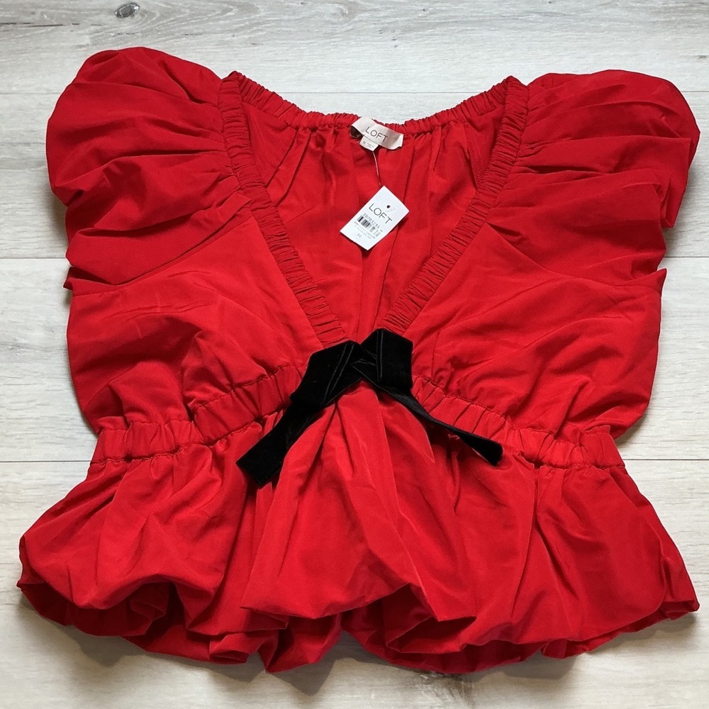 LOFT Puff Sleeve Blouse Women Medium Red New With Tags - Picture 3 of 6